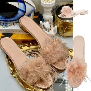 🆕 LOEFFLER RANDALL 🧿 NWOB Lilly Crinkle Metallic Slide Sandal With Feather Pom